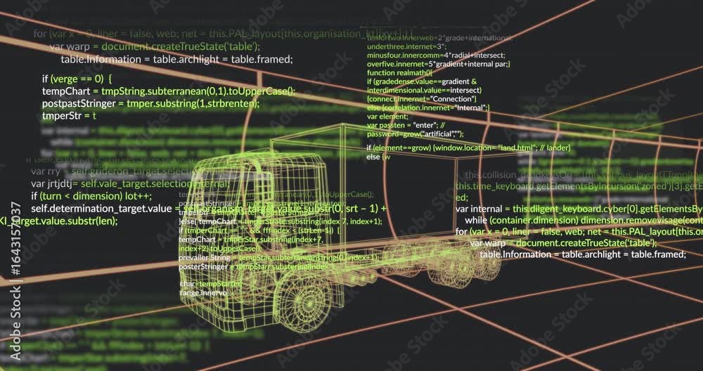 Poster frame three starting code scrolling over yellow 3d wireframe truck in orange grid showing data flow