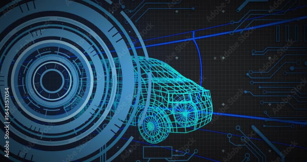 Poster glowing circular interface rotating triggers code typing on wireframe car demonstrating integration