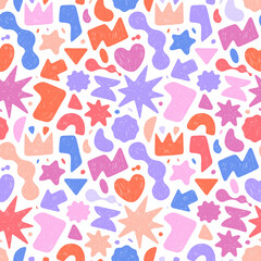 Naive playful crayon drawn abstract shapes seamless pattern. Girly funky geometric figures, stars, rounded shapes.