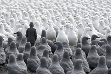 Obraz premium Unique white bird stands among a gathering of gray birds in a natural setting at dawn
