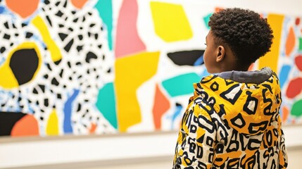Child explores colorful modern art gallery filled with vibrant abstract pieces