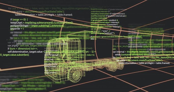 Frame three starting code scrolling over yellow 3D wireframe truck in orange grid showing data flow