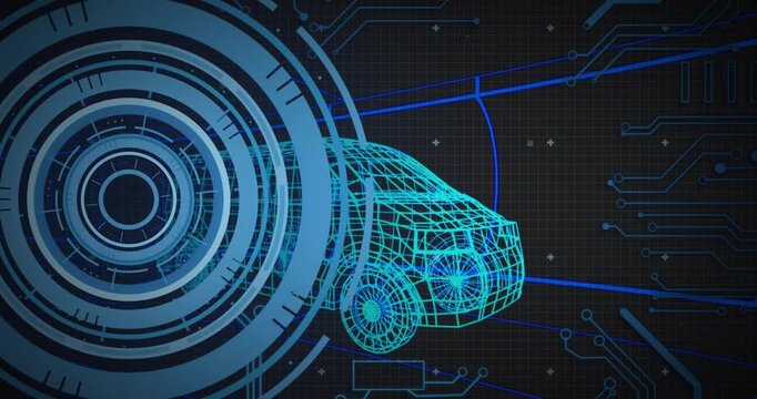 Glowing circular interface rotating triggers code typing on wireframe car demonstrating integration