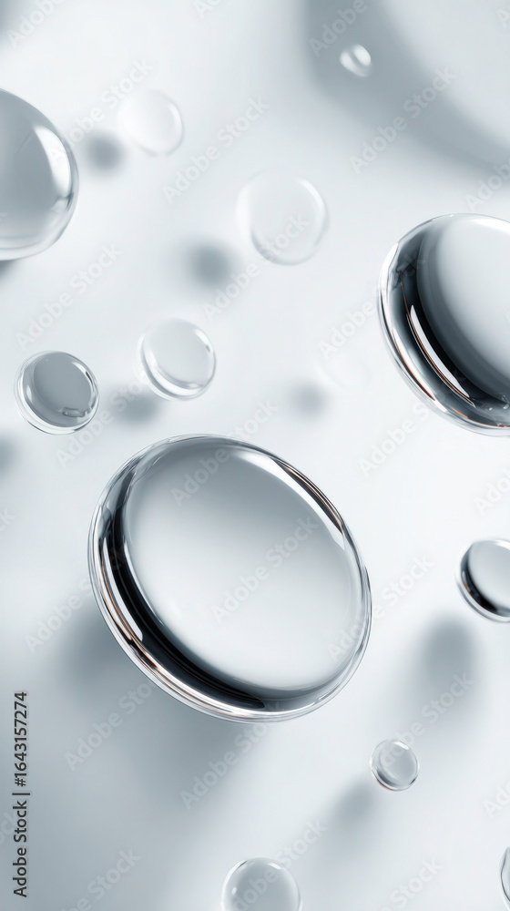 Poster close-up of clear water droplets, creating a reflective and abstract design on a white surface.