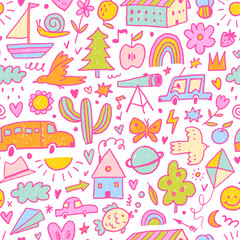 Cute kid doodle girly seamless pattern. Crayon drawn children drawings, pink cartoon elements background.