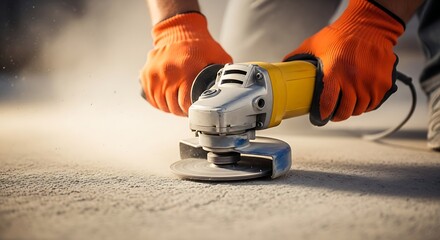 Hands in orange gloves operating an angle grinder on a surface