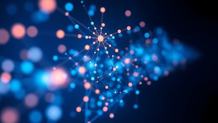 Abstract network of glowing nodes and connections in blue and orange floating in space.