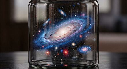 Vibrant Spiral Galaxy Swirling Inside a Clear Glass Jar Cosmic Containment.