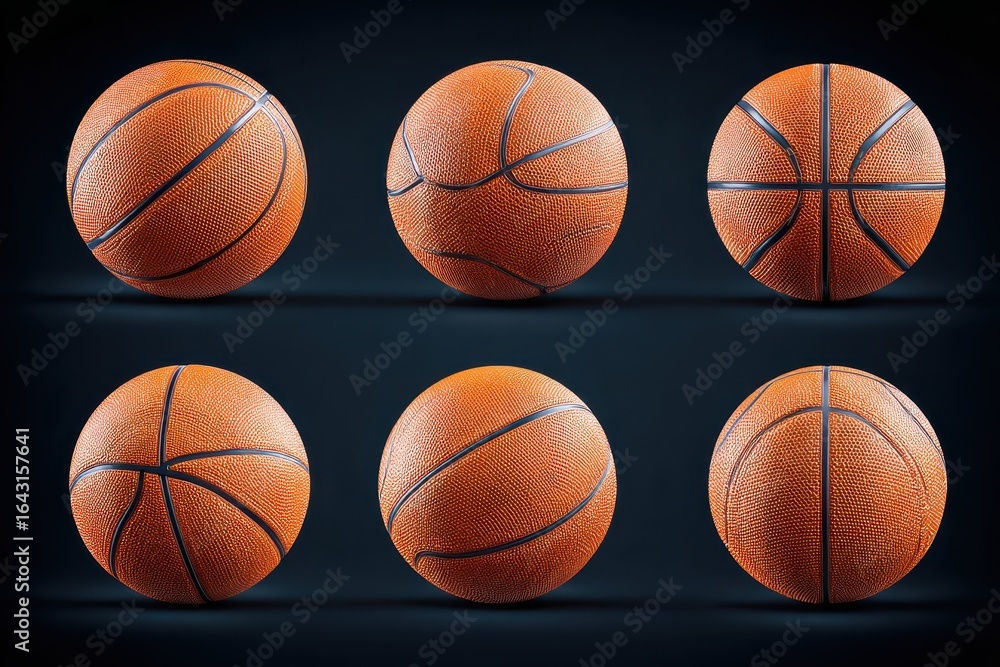 Poster Collection of six basketballs isolated on a dark background showcasing their texture and design from multiple angles