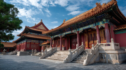 Stunning traditional temple with ornate architecture historic cultural heritage intricate details vibrant red colors majestic roof and scenic outdoor setting