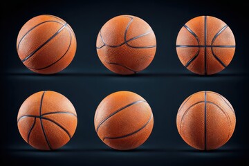 Collection of six basketballs isolated on a dark background showcasing their texture and design from multiple angles