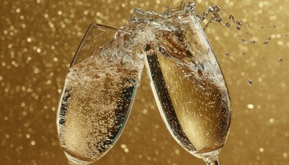 Two champagne flutes clinking, splashing liquid (1)