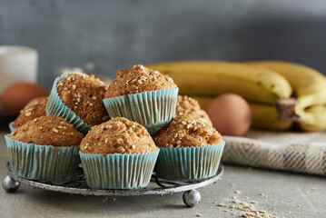 Delicious banana and oat breakfast muffins, freshly baked.