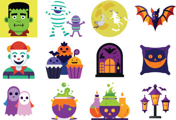Halloween Vector Illustration Set Featuring Monsters Ghosts Cupcakes and Other Spooky Elements