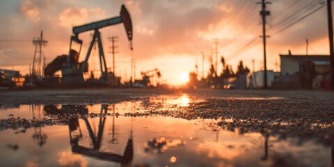 Fototapeta premium Pump jack reflecting in puddle at sunset in oil field