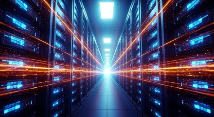 Abstract view of a server room with glowing blue and orange light lines