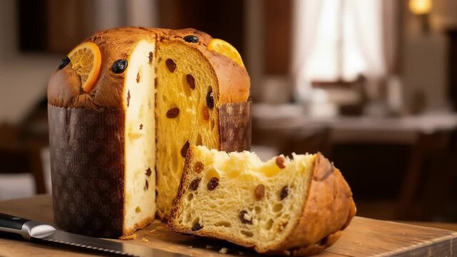 A delicious traditional italian panettone christmas bread with raisins. A slice has been cut from the sweet loaf on a rustic wooden cutting board