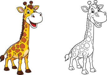 Cute giraffe cartoon with coloring page, wildlife animal illustration for kids, educational drawing activity, flat vector, CAD drawing design © Moksedul Creative