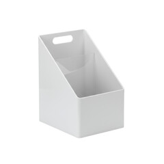 Fototapeta premium Empty, pristine matte white plastic magazine file holder, minimalist design, clear rectangular contours, open top, on a seamless transparent background, no shadows, precision and order concept