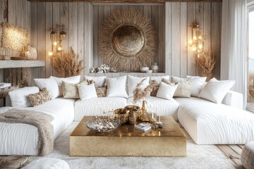 Cozy living room with a white sofa and golden coffee table, creating a luxurious and inviting space. 3D rendering, Generative AI