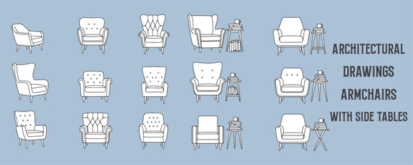 Architectural line drawings of stylish armchairs with side tables featuring books and coffee mugs, modern and classic furniture illustration for interior design layouts and architectural presentations