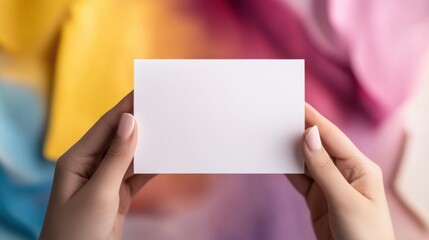 Obraz premium Holding a blank business card with colorful fabric background