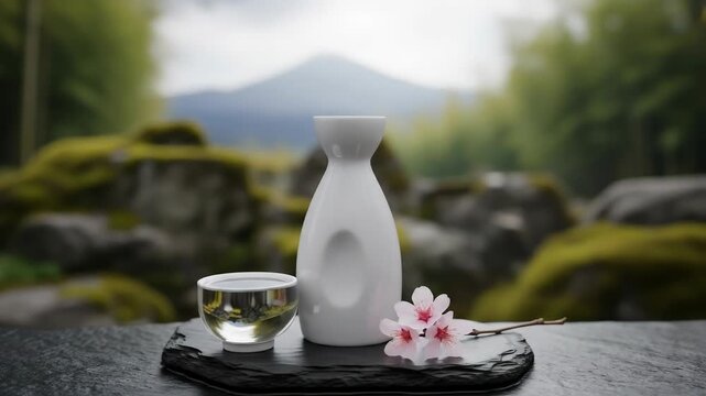A traditional japanese sake set with a tokkuri bottle and ochoko cup on a slate plate. The scene is set in a tranquil zen garden with a mountain view