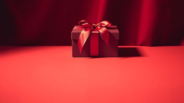Elegant crimson gift box with satin ribbon, radiating a festive and luxurious atmosphere in minimalist style.