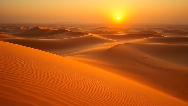 Vast desert dunes bathed in sunset hues, creating a serene and timeless landscape.