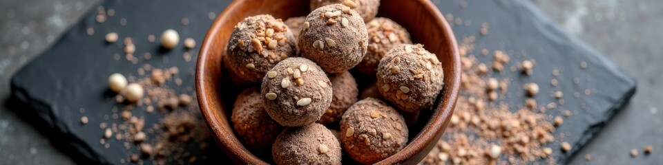 Delicious chocolate truffles with nuts in wooden bowl on slate surface
