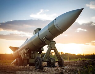 Missile on launchpad at sunset