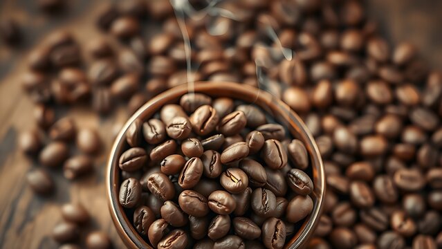 Freshly roasted coffee beans in a bowl, steaming with warmth, evoking a cozy rustic atmosphere.