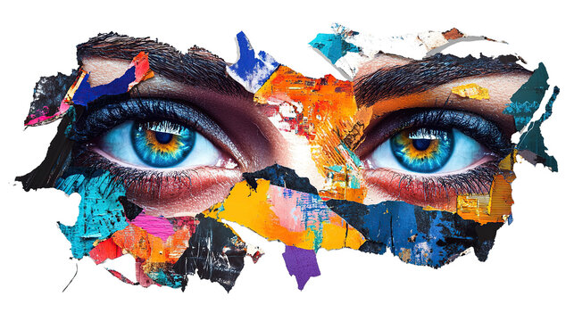 An artistic collage of expressive and colorful abstract human eyes, isolated on a transparent background. PNG