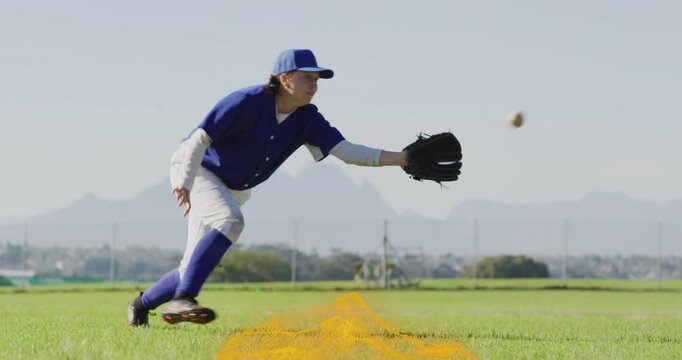 Baseball player reacting to rolling ball and fielding catch with animated orange particle trail - Powered by Adobe