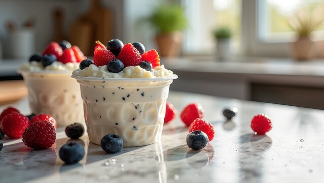 Delicious yogurt parfait with fresh berries on marble kitchen counter