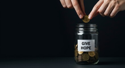 A glass jar labeled GIVE HOPE is filled with coins as a hand drops another coin into it The scene is against a dark backdrop