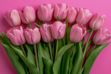 Obraz premium Eleven pink tulips with their green leaves are gathered tightly in a bouquet. The background is bright pink, creating a vivid and cheerful display