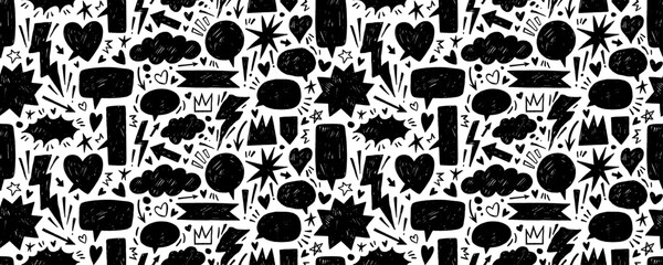 Punk grunge crayon drawn speech bubbles seamless pattern.