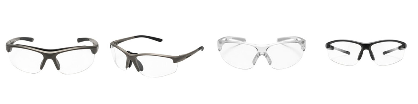 Protective eyewear for pickleball players includes clear lens safety glasses with black and gray frames designed for sports and outdoor activities
