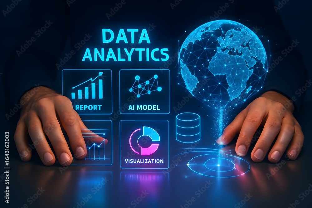 Poster hands present data analytics with report, ai model, visualization, and a global network, representin