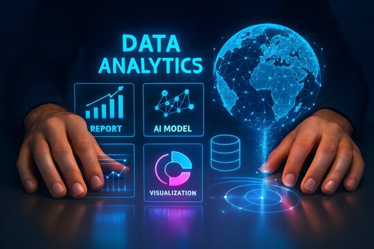 Hands present data analytics with report, ai model, visualization, and a global network, representing datadriven insights and international communication in the digital age