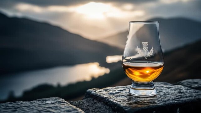 A Glencairn glass of single malt Scotch whisky with an etched thistle. It sits on a stone wall overlooking a scenic loch in the Scottish Highlands