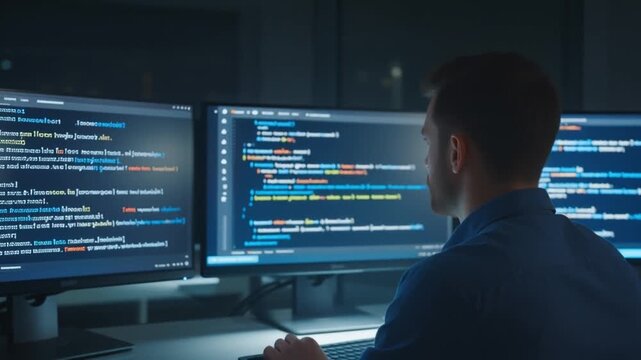 Focused Software Developer Programming on Multiple Monitors in Dark Office for Digital Transformation