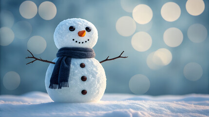 Obraz premium Charming snowman with black scarf and twig arms in snowy landscape