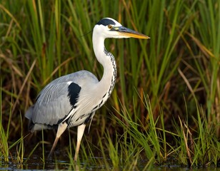 Grey heron wading in shallow water, reeds in background