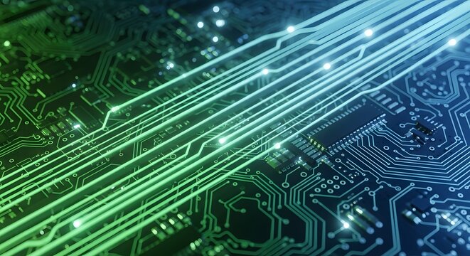 Glowing green and blue light trails move across an intricate electronic circuit board, representing data flow.