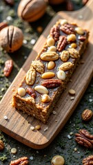 Fototapeta premium Honey nut granola bar on wooden board with assorted nuts and seeds