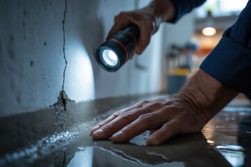 Home inspector examining a crack in the basement wall with a flashlight