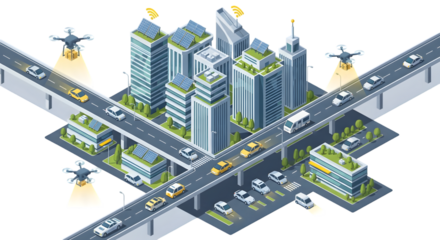 Isometric view of a smart city with autonomous vehicles and drones flying overhead isolated on transparent background