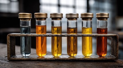Six test tubes with varying colored liquids in a metal rack on a wooden surface
